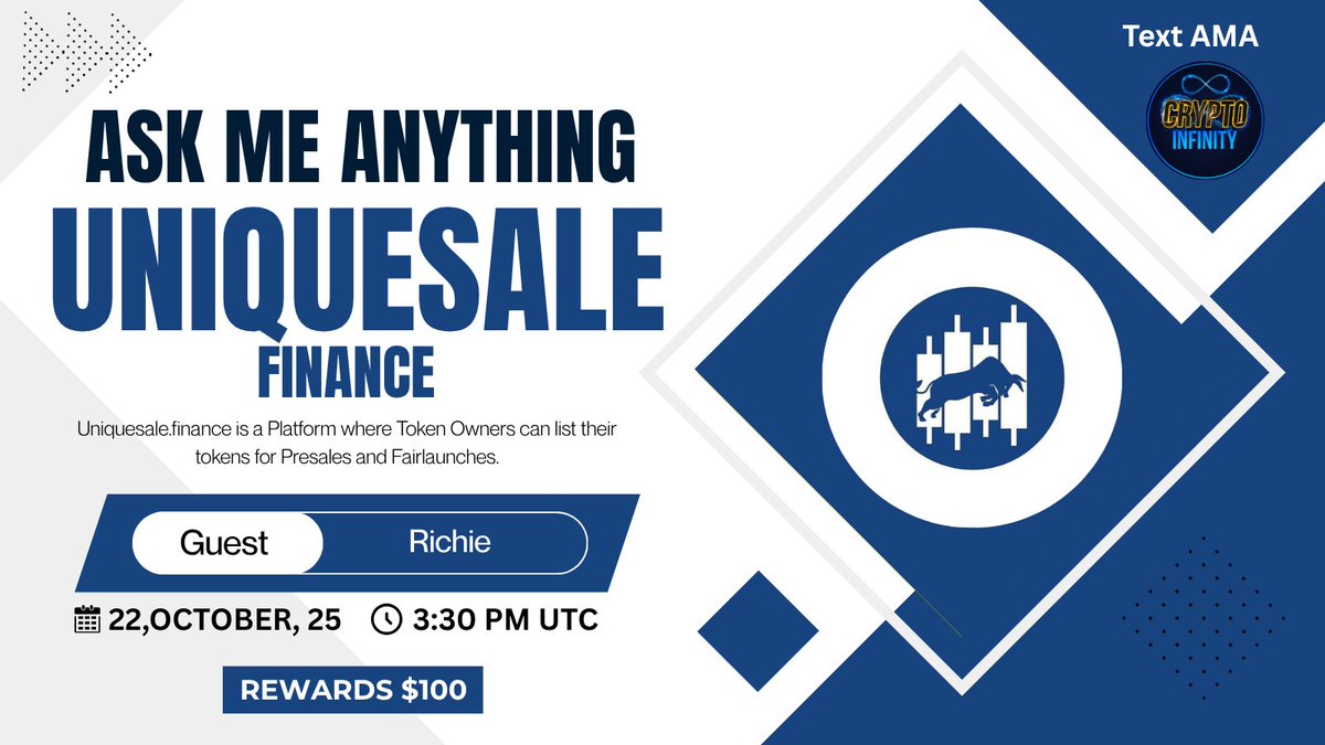 🎙Don't miss the opportunity to join us for a #TelegramAMA with UniqueSale Finance.

🎁Prize: $100
📆Date: 22th October, 3:30 PM ( UTC)
🏨 Venue : 
〽️  Rules Must be Followed Or You Will be Disqualified 👇

✔️. Follow <a href="/Cryptoinfinitys/">Crypto Infinity</a> &amp; <a href="/uniquesale_fin/">Uniquesale Finance</a>
✔️. Like Retweet,
