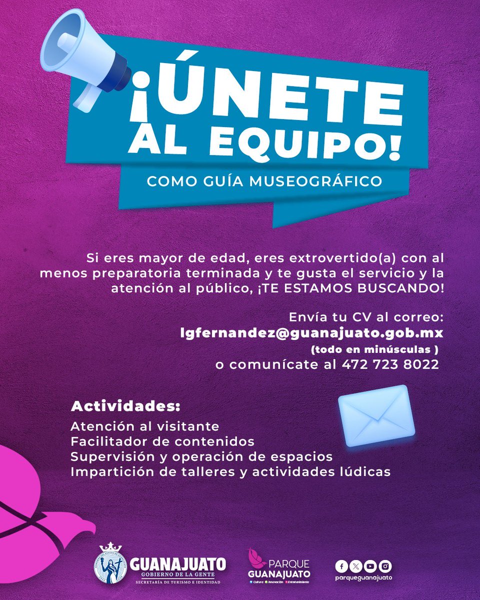 🎨 En Parque Guanajuato estamos en búsqueda de talento para integrarse a nuestro equipo como Guía Museográfico.

Si eres mayor de edad, con habilidades de comunicación, gusto por la atención al público y vocación por el trabajo cultural, ¡queremos conocerte!