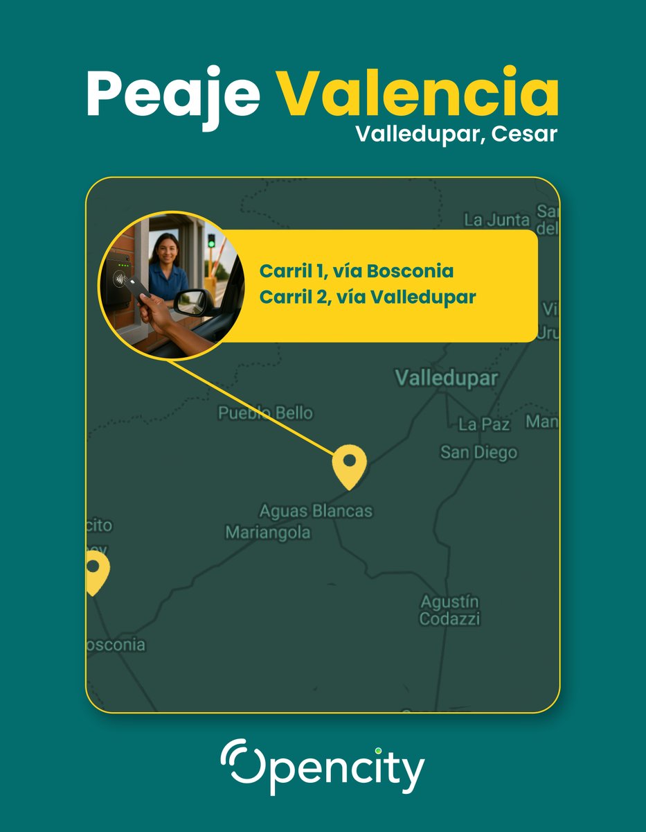OpencityPay's tweet photo. En el peaje Valencia olvídate del efectivo.

Con #Opencity, tu viaje por el Cesar es rápido, fácil y seguro. 🚗✨

#PeajesColombia #PagosContactless https://t.co/lzphWwbrQF