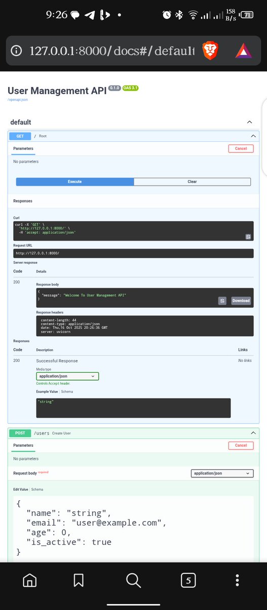 nuel36c's tweet image. DAY 18 OF 20 DAYS CODING
User Management API almost complete ✅
Next up, adding user login and authentication using JWT
Lessons learned
Pagination ✅
Filtering ✅
Learnt some new HTTPError messages too 😁✅
#python #API