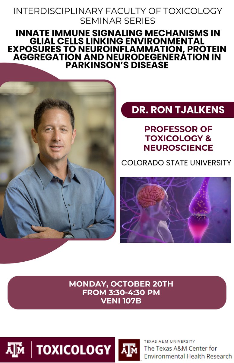 Join us next Monday (10/20) at 3:30pm in VENI 107B for an exciting seminar with Dr. Ron Tjalkens! We are excited to host him from CSU 🧪😃#Toxicology #Neuroscience <a href="/TAMUNeuro/">Texas A&M Institute for Neuroscience</a> <a href="/TiCER_aggies/">TiCER</a>