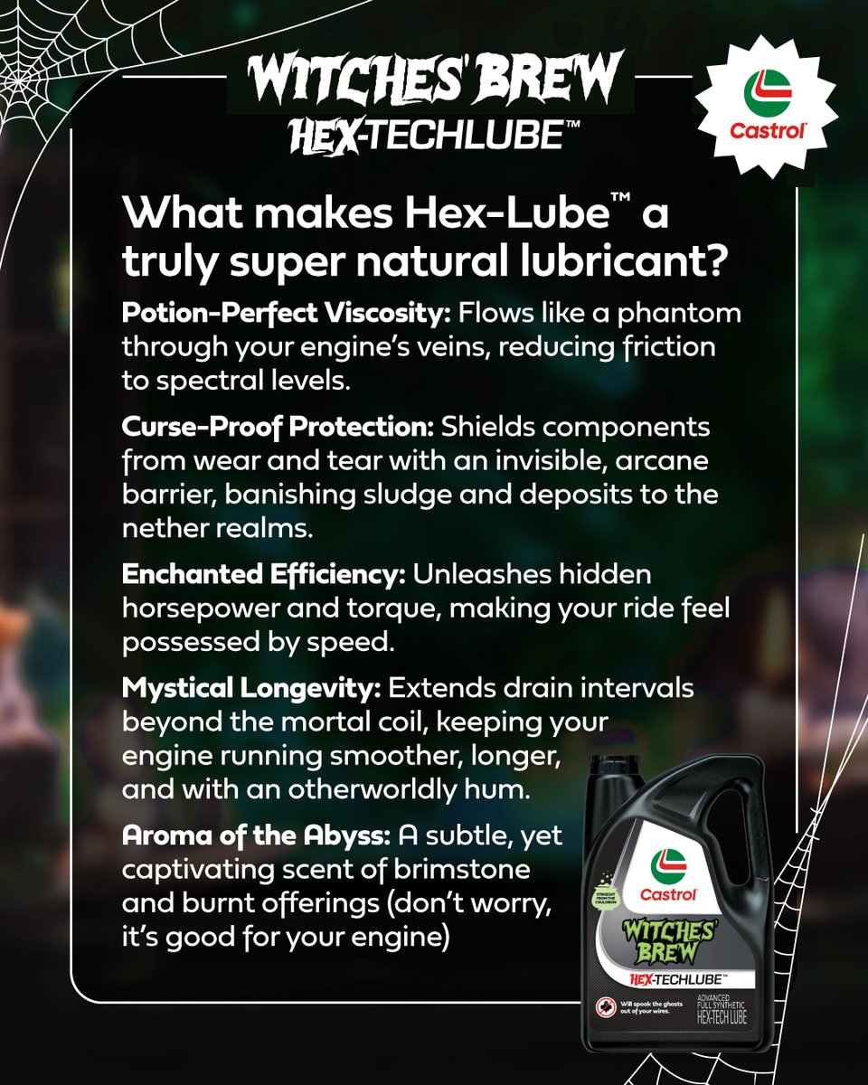 Spooky Season is officially here and so is our Newest Seasonal Release: Witches’ Brew | Hex-TechLube™ Motor Oil: Concocted for the Coven, Crafted for Your Crankcase

Directions for Use: Pour carefully under the full moon. Do not ingest, unless you wish to sprout an extra