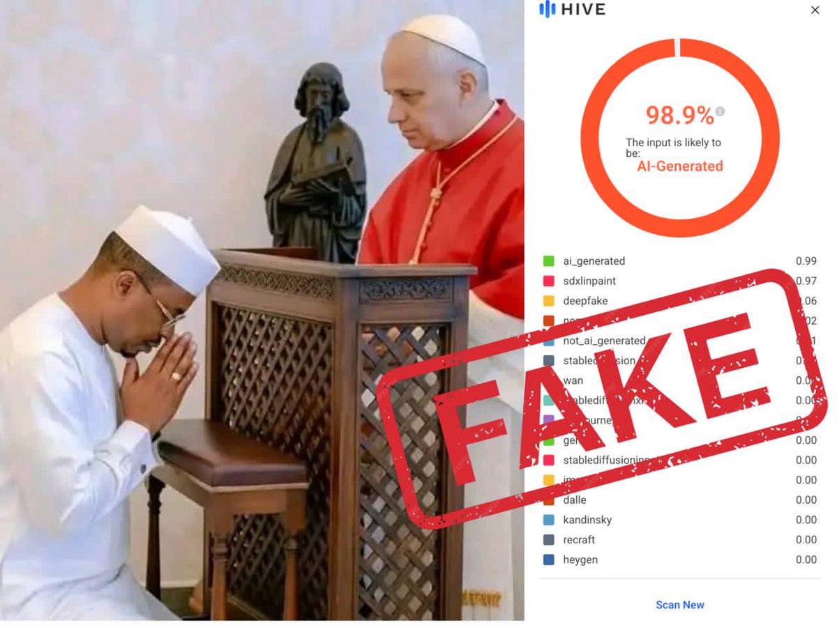 kubaaruCheck's tweet image. Une image en circulation actuellement sur les réseaux sociaux montrant le président de la république du Tchad à genoux devant le pape Léon XIV est générée par une IA. 

Nous l&apos;avons vérifié avec Hive AI, et l&apos;outil nous dit que l&apos;image est générée à score de 98,9%. 

 #Fact_check