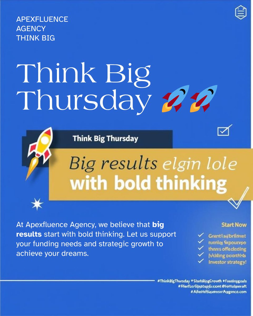 ApexfluenceA's tweet photo. 🚀 Think Big Thursday:
Small goals = small results.

We help startups dream bigger &amp; get funded faster.
👉 DM “BIG” today.

#ThinkBigThursday #StartupTips #ApexfluenceAgency https://t.co/P62abF3EPB