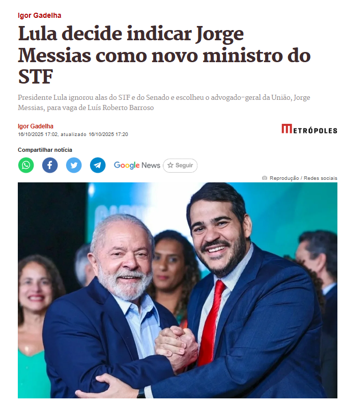 A newspaper article screenshot with headline Lula decide indicar Jorge Messias como novo ministro do STF, detailing the presidents choice of the Attorney-General for a Supreme Court vacancy. Below is a photo of President Luiz Inacio Lula da Silva, a man with white hair and beard wearing a blue suit, shaking hands and smiling with Jorge Messias, a man in a light blue suit and red tie, and other individuals including a woman in green dress, all standing together in a formal setting.