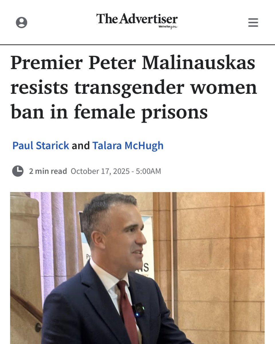 I could not be more disgusted 😡

A woman was sexually assaulted in state care &amp; <a href="/PMalinauskasMP/">Peter Malinauskas</a> has called men in women’s prisons a “niche issue” saying he has “not turned my mind” to it.

The SA Premier’s contempt for women’s safety is appalling.

👉 Premier@sa.gov.au

#SAparli