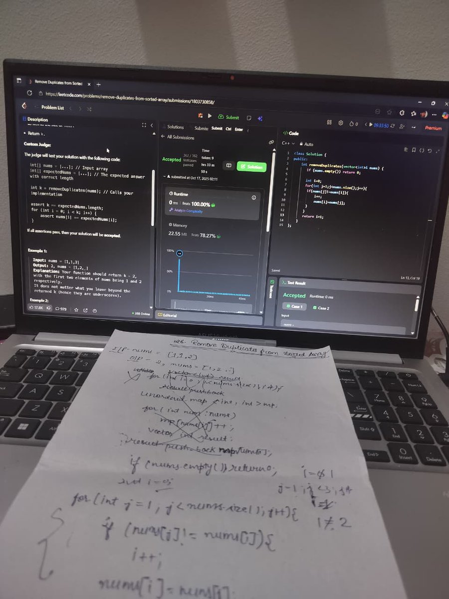 AnchalGupta009's tweet image. Day 25: Remove Duplicates from Sorted Array
Two pointers one to explore, one to place unique values
Efficient, clean, and O(n) smooth
Coding’s not just about adding sometimes, it’s about removing right 😉
#LeetCode #CPP #CodingLife #Developer