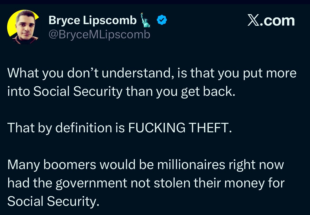 SubvertingSS's tweet image. This is what controlled opposition looks like.
Social Security remains popular not because of any quality arguments being made by its advocates, but because of the self-defeating arguments being made by its critics.