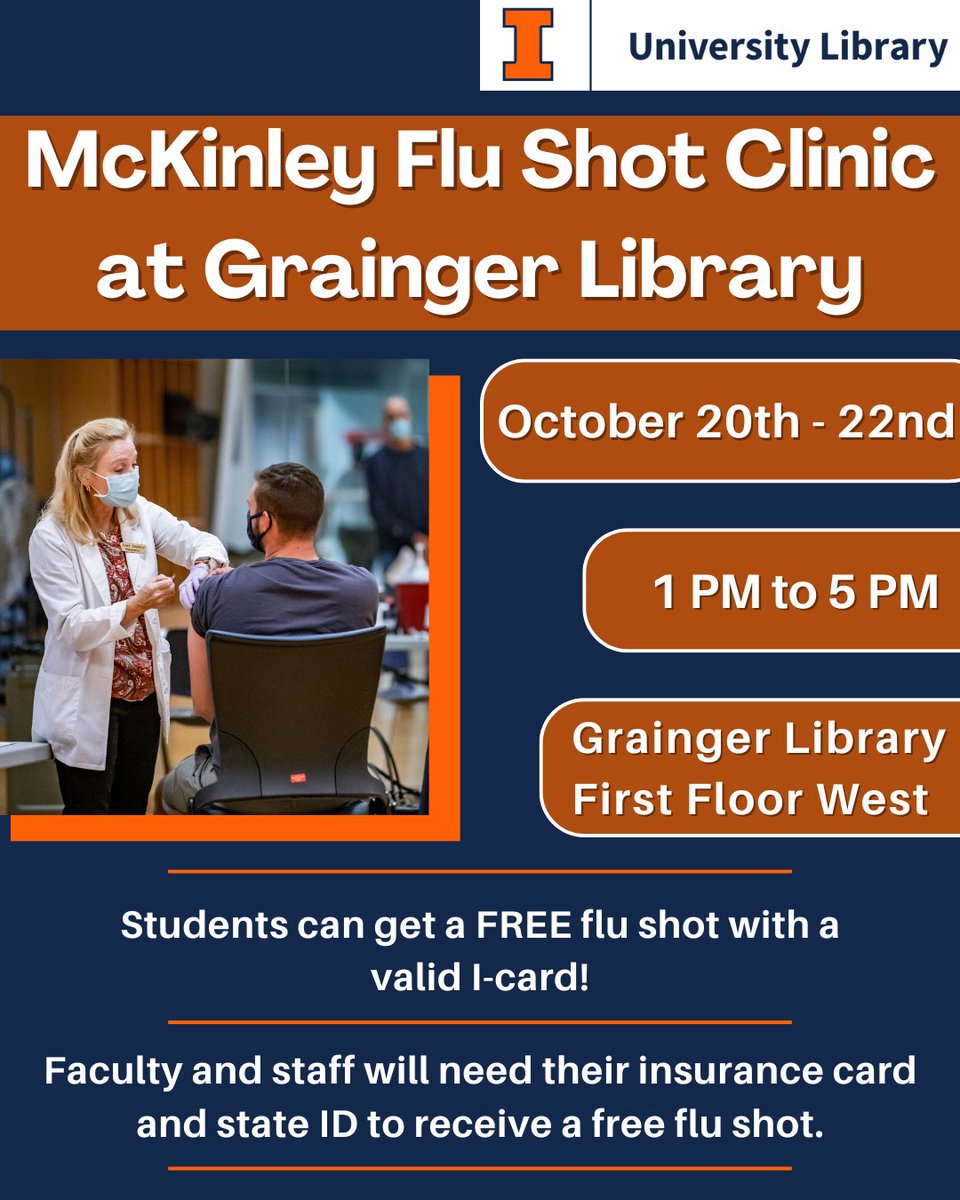 graingerlibrary's tweet image. Come to Grainger Library from Monday, October 20th through Wednesday, October 22nd from 1-5pm to get a free flu shot.
If you&apos;re a student, all you need is a valid i-Card. If you are faculty or staff, you will need to bring your insurance card and state ID.