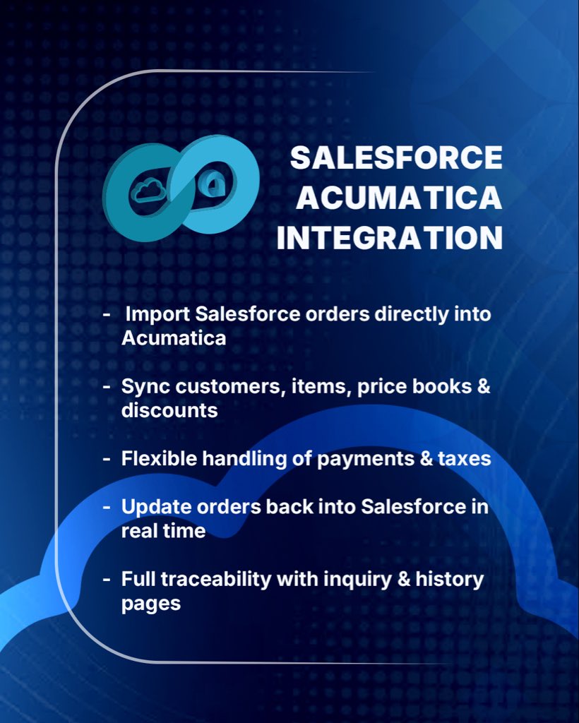 biz_tech85837's tweet image. Salesforce + Acumatica = seamless execution.
Biz-Tech’s connector syncs orders, customers, price books & discounts, manages taxes & payments, and updates both systems in real time.
Your CRM & ERP — finally in sync.
#BizTechServices #SalesforceIntegration #ERPIntegration #SmartERP