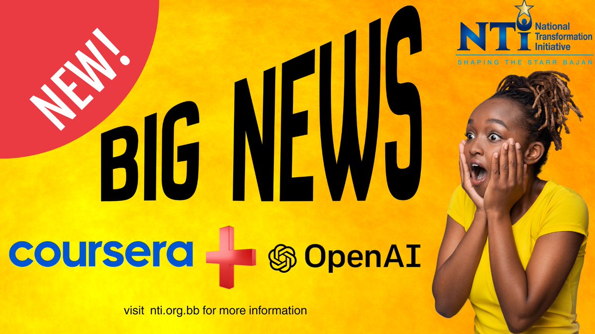 We're excited to announce a new partnership between Coursera and OpenAI,
that brings trusted, world-class learning directly into ChatGPT.
Try it out - For example, "Coursera, help me learn cybersecurity as if I were new to technology. 

#nticourses #barbados #ntiimpact