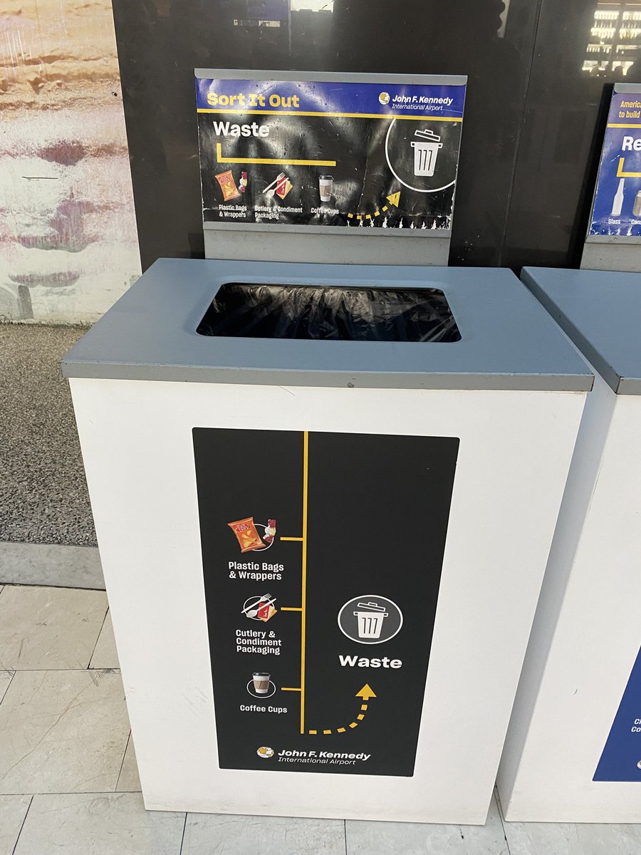 Kudos to <a href="/JFKairport/">John F. Kennedy Airport</a> for some of the best signage I have seen for recycling, compost and trash.  #recyclingbins #recycling #compost #composting #trash #greentravel