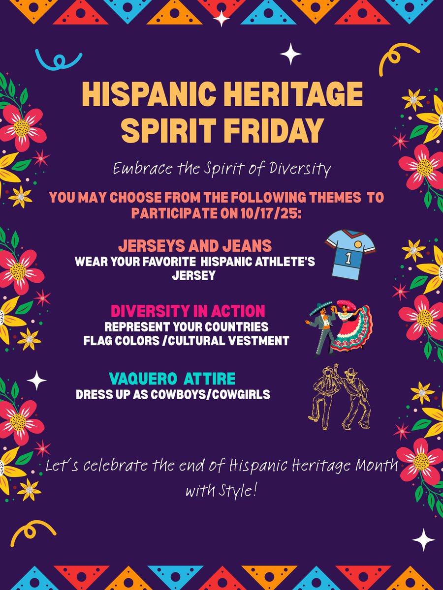 WestburyHSHISD's tweet photo. Celebrate #HispanicHeritageMonth with us this Friday, Oct 17!
ππ½ Spirit Friday Themes:
π Jerseys & Jeans
π¨ Cultural Colors
π€ Vaquero Attire
Letβs end the month with style & Husky pride! πΎ
#OnePackOnePurpose #SpiritFriday #WestburyHuskies https://t.co/q5QLpTDadl