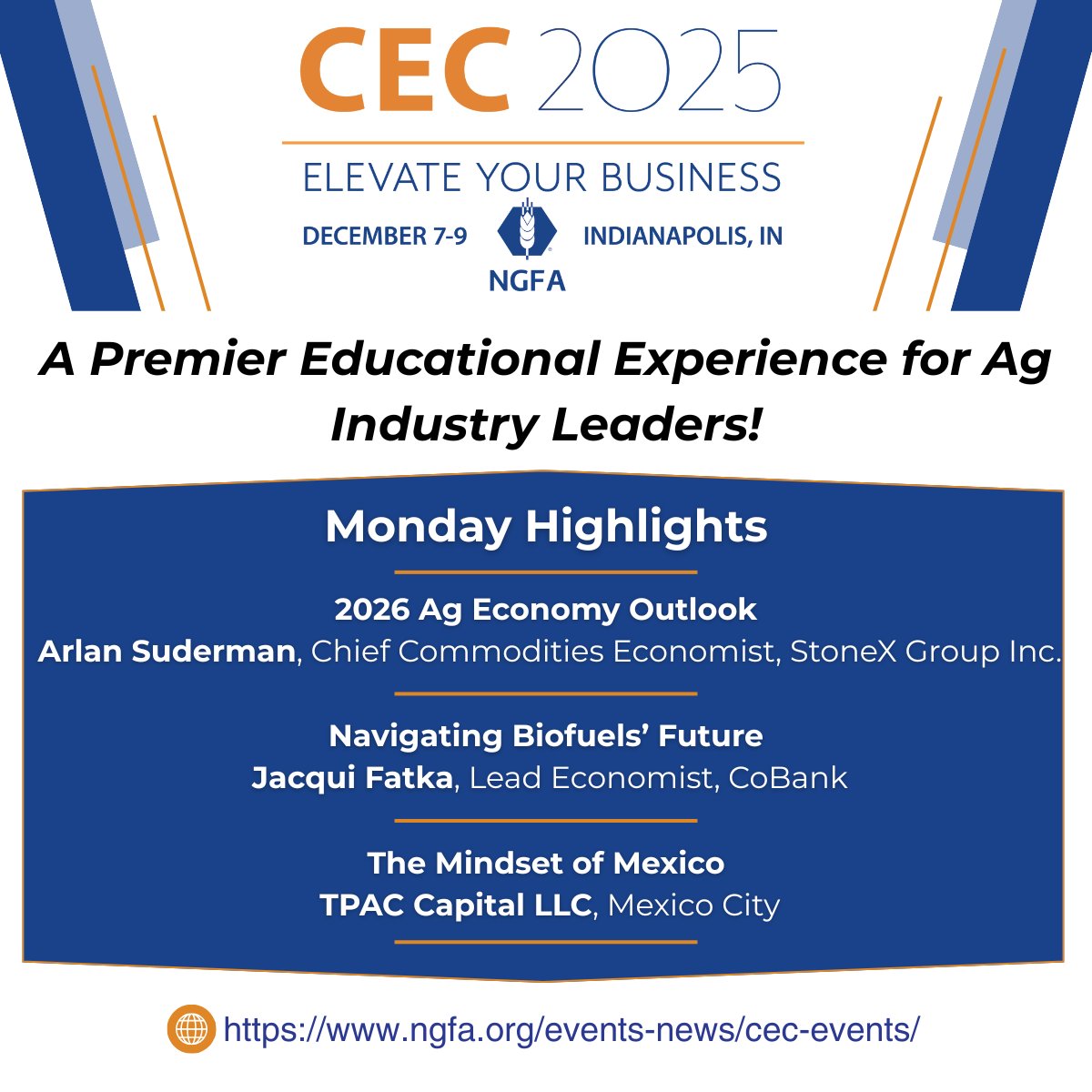 Kick off CEC 2025 with top experts sharing ag, biofuels, and trade insights. Don’t miss Arlan Suderman, Jacqui Fatka, and TPAC Capital! Register now: ngfa.org/events-news/ce…