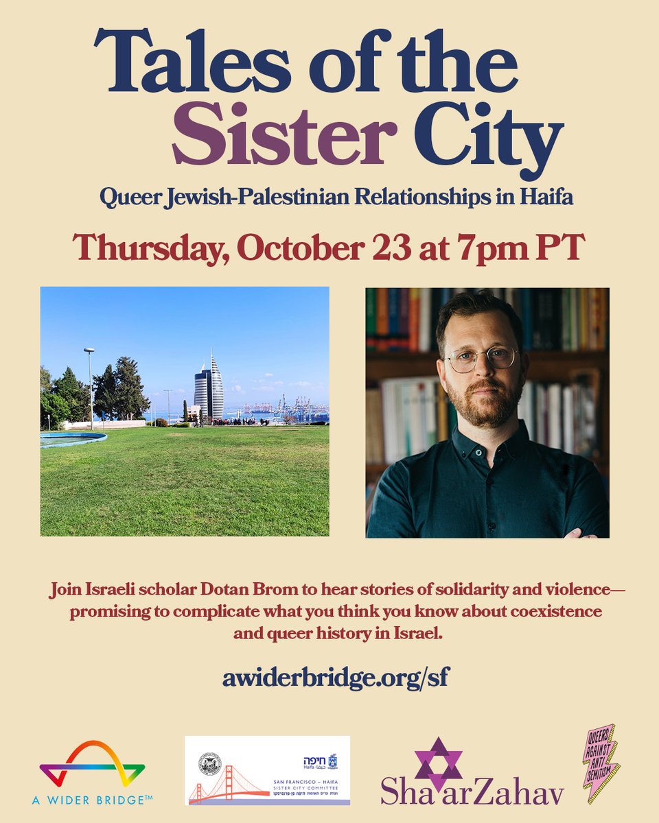 AWiderBridge's tweet image. If you live in the Bay Area - come and learn about Queer Jewish-Palestinian relationships in the city of Haifa - San Francisco&apos;s sister city. 10/23 at 7pm awiderbridge.org/event/tales-of…