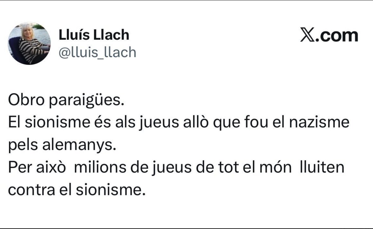 . <a href="/lluis_llach/">Lluís Llach</a> No coneixes ni entens la nostra història ni la nostra connexió amb la terra d’Israel. Israel forma part de la nostra identitat. El sionisme és, simplement, el dret del poble jueu a viure a la seva terra ancestral.
Parles dels poble jueu com algú que diu «millions