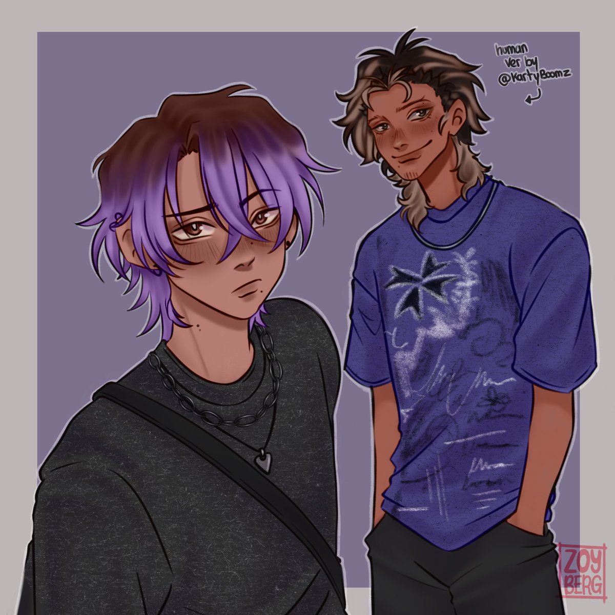 Zoyberg_pigeon's tweet photo. Here’s my version and @Kartyboomz ‘s version of human Jax ! 
He was so fun to draw 😔👌
#tadc #TheAmazingDigitalCircus #jax #tadcjax #tadchuman https://t.co/Xuitr902YW