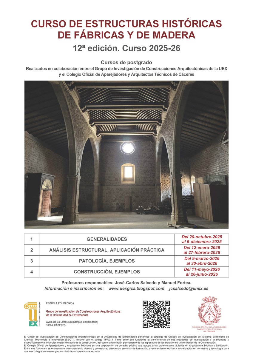 Este lunes 20-octubre arranca la 12ª edición del Curso de Estructuras Históricas de Fábricas y de Madera.
Patrimonio, técnica y profesión.
Aún puedes inscribirte 👇
 uexgica.blogspot.com
Posiblemente, el curso esencial en construcción patrimonial para arquitectos y técnicos.