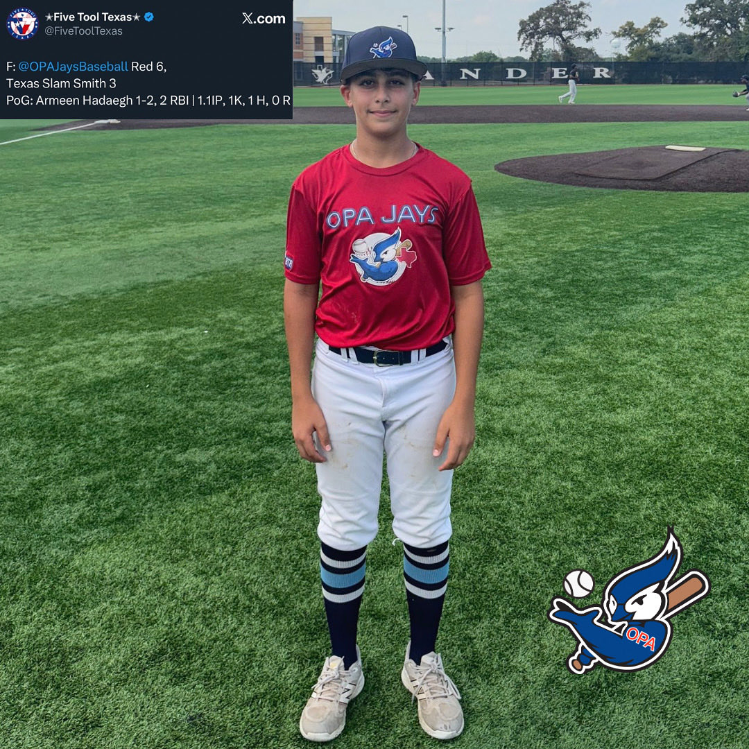 Congratulations to Armeen Hadaegh for earning @fivetooltexas Player of the Game honors after his performance 

Armeen went 1-2 with 2 RBI’s at the plate and pitched 1.1 IP in relief, striking out 1

Cy Woods High School
Class of 2028
LHP / OF
Uncommitted 

#opajays
#jaysbaseball