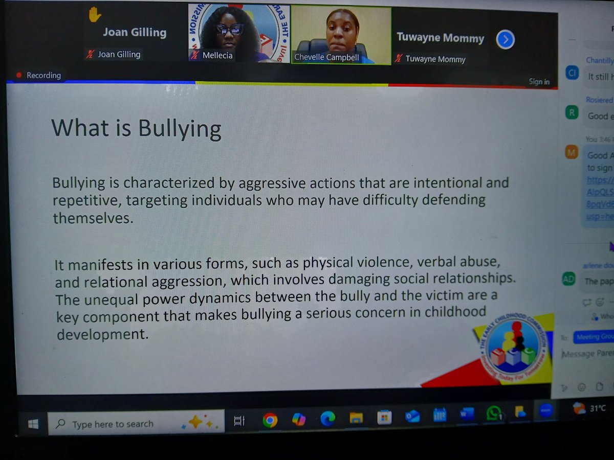 Happening now ... Parent Webinar with our very own ECD Psychologist, Ms.Chevelle Campbell.
We are speaking on bullying.
Join us and be informed 🎊🎊🥳🥳
<a href="/ECCJA/">Early Childhood Commission</a> 
#12StandardsMatter #ParentingMatters