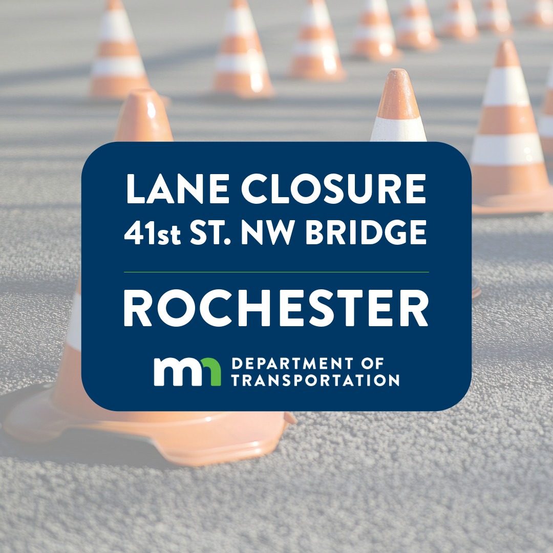 mndotsoutheast's tweet image. Westbound motorists on 41st Street NW will encounter a lane closure as they cross over Highway 52 in Rochester Oct. 20-24 while MnDOT bridge maintenance crews repair concrete. Traffic backups are possible during heavy travel times. More info: dot.state.mn.us/news/2025/10/1…