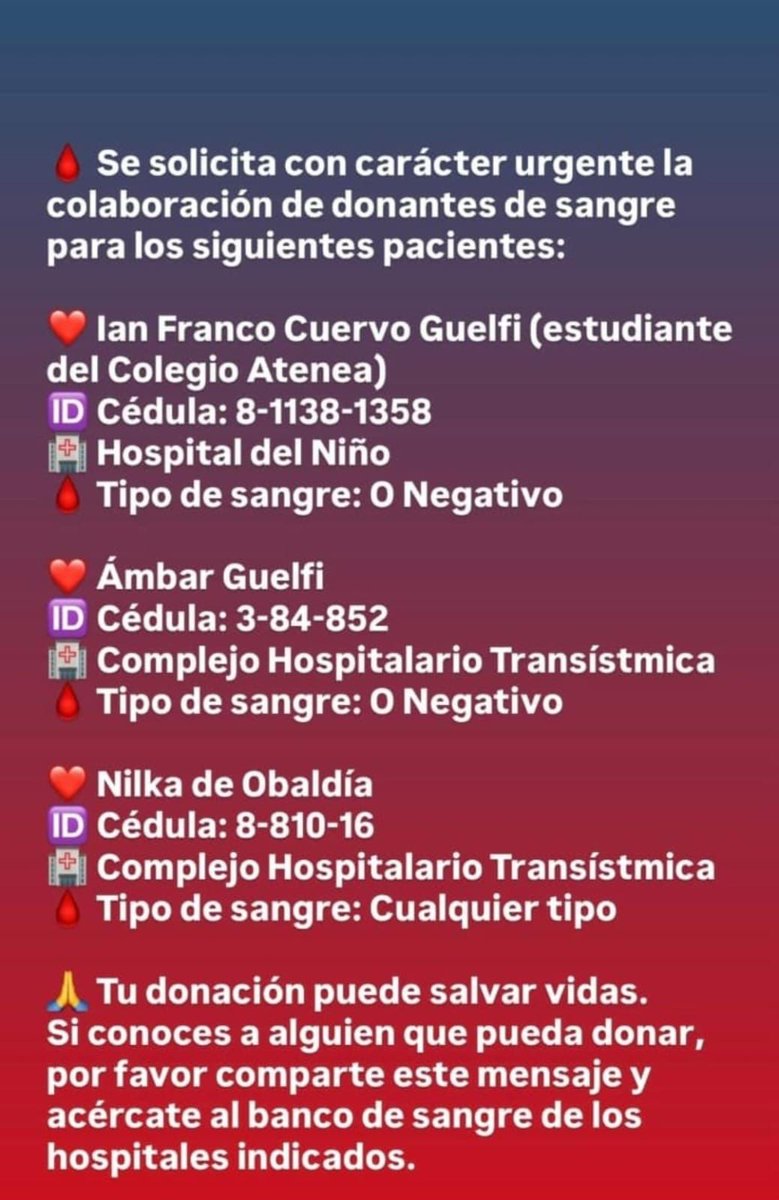 Pueblo panameño ayuda tú. Yo tengo la hemoglobina baja, desde hace años no puedo donar sangre.