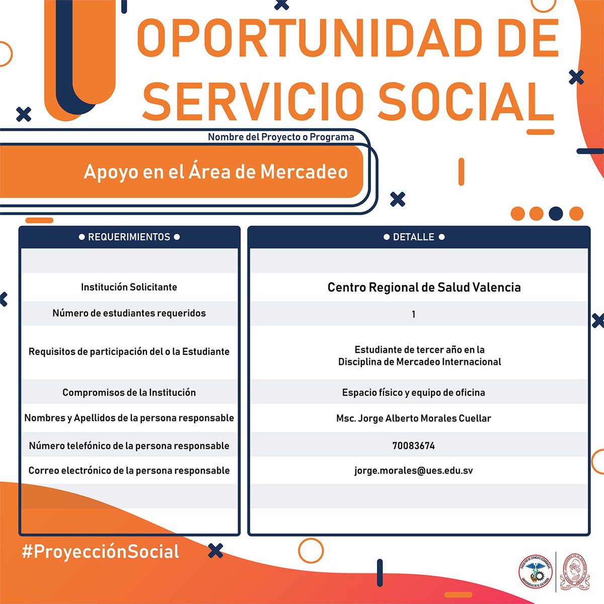 🌱🤝 Si eres estudiante de pregrado (licenciaturas) de nuestra Facultad conoce en las siguientes imágenes las nuevas oportunidades de #ServicioSocial disponibles.

⚠️ Si tienes interés debes escribir/llamar directamente con el contacto disponible en cada imagen.