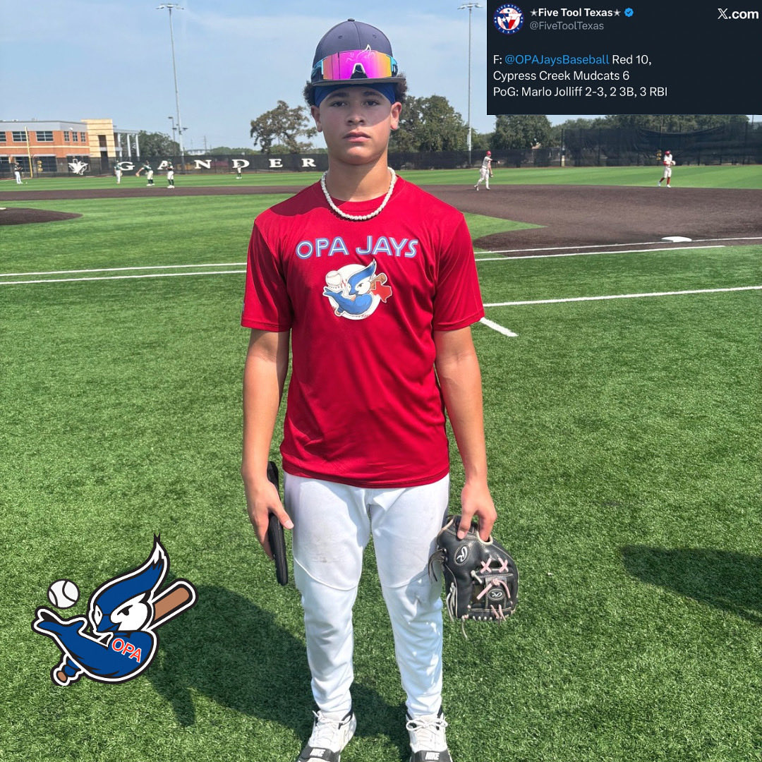 Congratulations to Marlo Jolliff for earning @fivetooltexas Player of the Game honors after his performance 

Marlo went 2-3 with 2 Triples and 3 RBI’s

Bridgeland High School
Class of 2028
INF / OF
Uncommitted 

#opajays
#jaysbaseball
#onepercentacademy