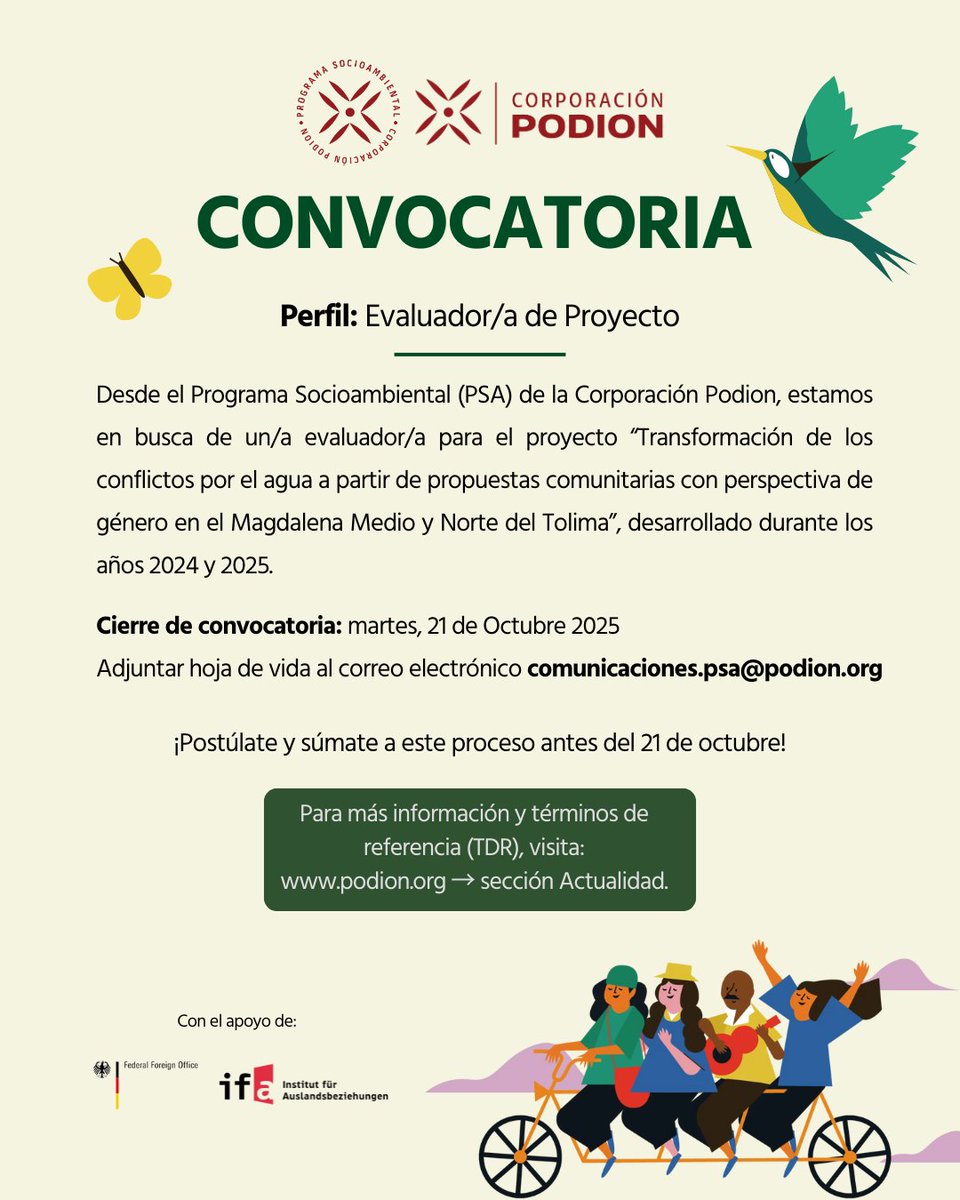 📣 ¡Convocatoria abierta!
Buscamos Evaluador/a de Proyecto para el proceso “Transformación de los conflictos por el agua con perspectiva comunitaria y de género en el Magdalena Medio y Norte del Tolima”

Inf. podion.org
🟢Cierre: 21 de octubre de 2025