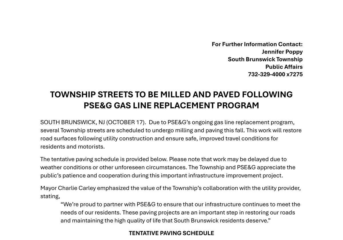 🚧 South Brunswick streets will be milled &amp; paved this fall following PSE&amp;G gas line work. Check the tentative schedule on the Township’s home page under News &amp; Notifications: southbrunswicknj.gov