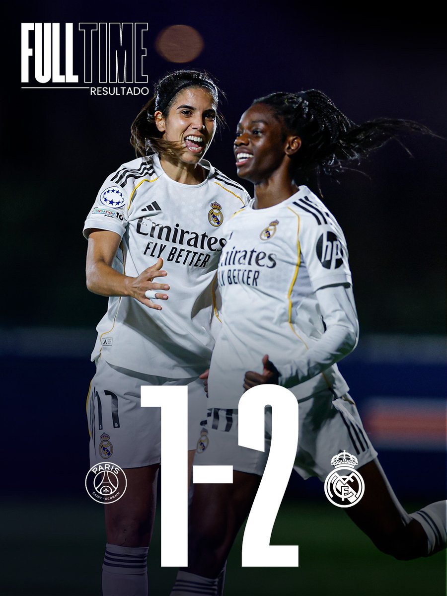 🏁 FP: <a href="/PSG_Feminines/">PSG Féminines</a> 1-2 @RealMadridFem
⚽ 29' Feller
⚽ 45'+2' <a href="/AlbaRedondo_11/">Alba Redondo Ferrer</a>
⚽ 58' Ajibade