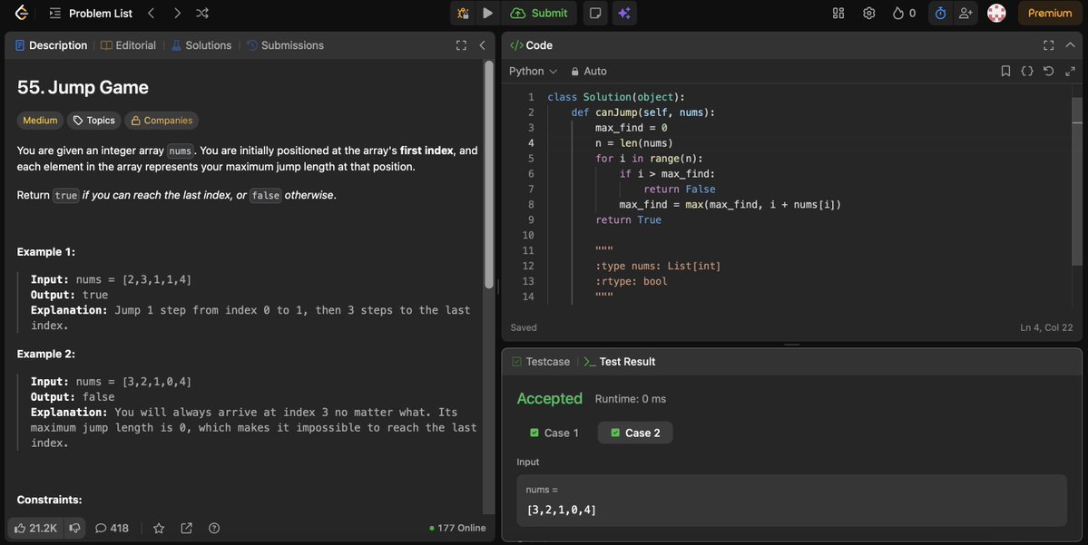 Topzee0o1's tweet image. Day 32 of #100DaysOfDSA

From @striver_79:
✅ Learnt “Jump Game I”
✅ Solved the LeetCode “Jump Game” problem

Getting into greedy problems now, these ones really test how well you can think ahead 😌

#Day32 #LeetCode #Python #takeUforward