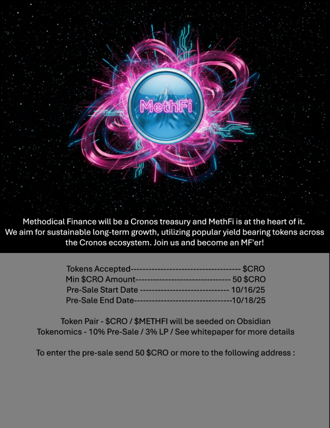 Coming off the heels of a Traffic AMA is <a href="/Meth_Fi/">Methodical Finance</a> pre-sale launch on puush.fun! 

Simple set up for you <a href="/cronos_chain/">Cronos</a> degens - send $CRO to the listed address (minimum 50 $CRO for pre-sale eligibility): 

0xc5fa69BD6b8Df5b6Fb856eb6B88619B0a48FaECD
