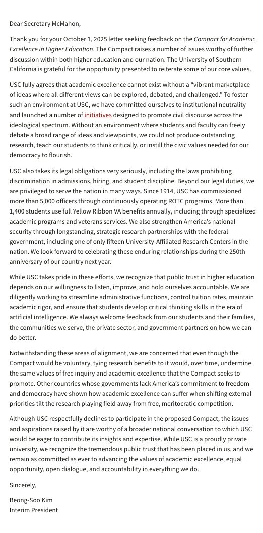 matthewsuh's tweet photo. BREAKING: USC has declined President Trump’s “Compact for Academic Excellence in Higher Education,” joining MIT, Brown, and UPenn in turning down the proposal. 

Read USC Interim President Beong-Soo Kim's statement to the U.S. Department of Education below. https://t.co/9avKjWMrgB