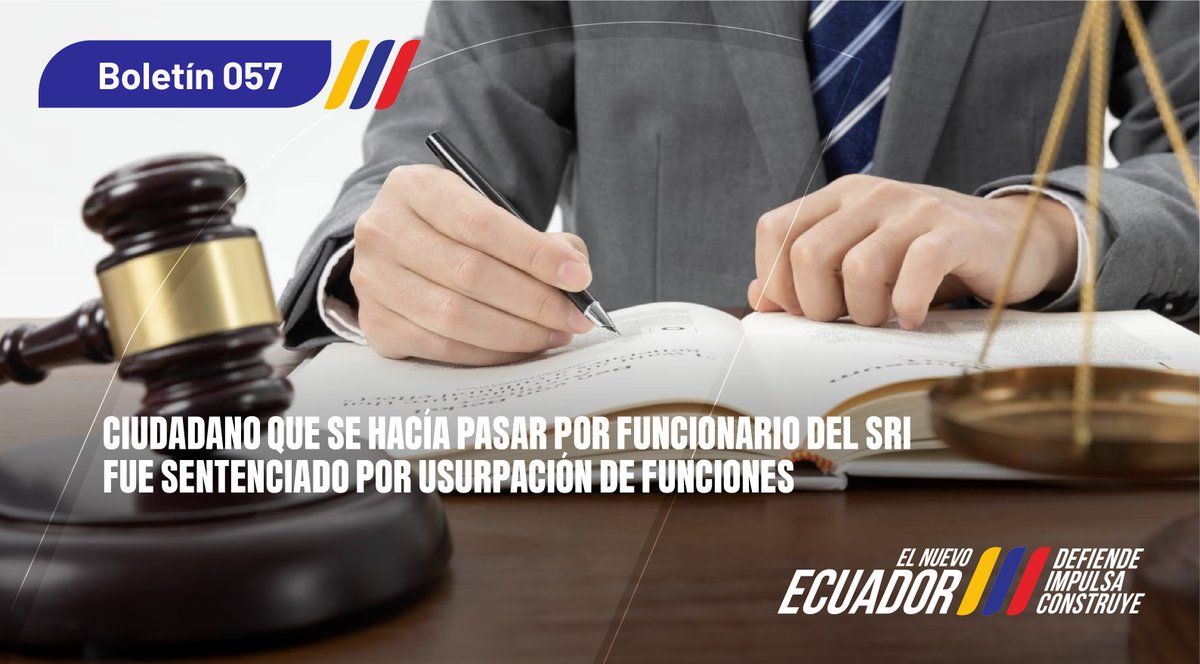 SRIoficialEc's tweet photo. #BoletínSRI

Ciudadano que se hacía pasar por funcionario del SRI fue sentenciado por usurpación de funciones.

Lee más aquí: https://t.co/kG0kALRjiK

#ElNuevoEcuador https://t.co/mEZlWmiIWO