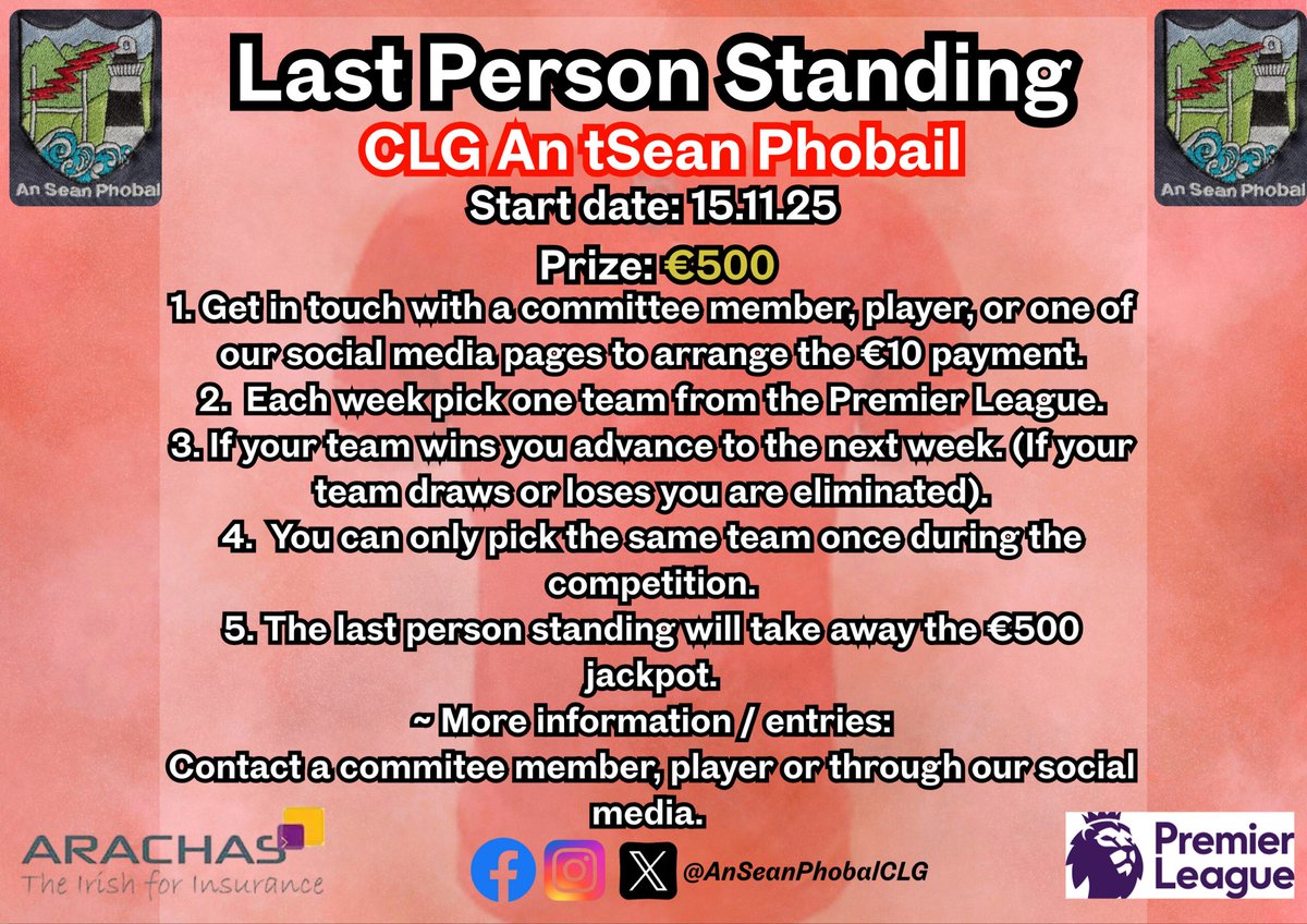 Comórtas ‘Duine Amháin Fágtha’

Más mian le duine ar bith páirt a ghlacadh, déan teagmháil le haon imreoir, ball den choiste nó mise anseo.
Cosnaíonn sé €10 páirt a ghlacadh agus gheobhaidh an buaiteoir an duais €500.

Buíochas mór le Arachas Insurance as an ócáid ​​seo a urrú.