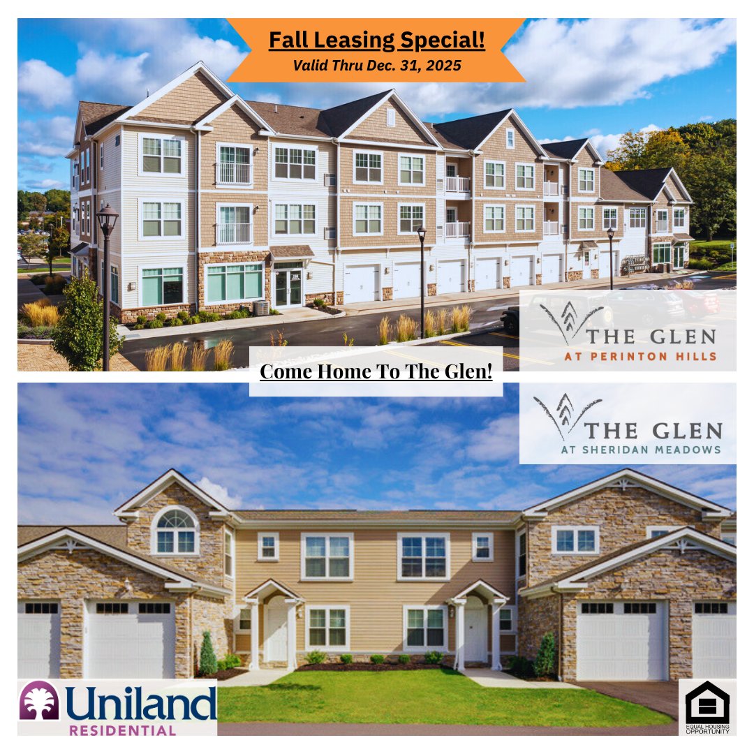 🍂 Fall for The Glen: Sign a 13-month lease by Dec. 31 and get 1 month rent-free! Explore our premier suburban communities in Fairport and Williamsville: uniland.com/residential/