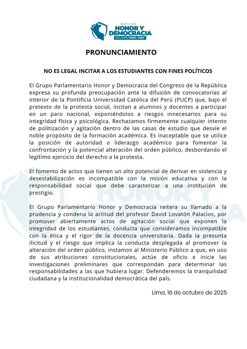 Bancada Honor y Democracia tweet media