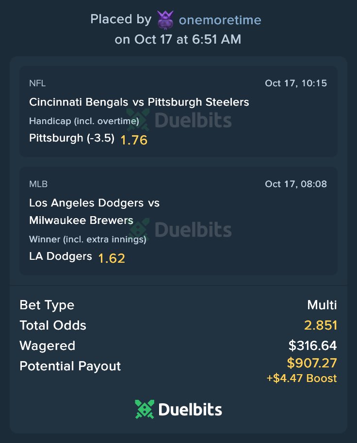 UnitBandit's tweet photo. 🪜$100 → $10k Challenge🪜

Day 1: $110 ➡️ $316✅

Day 2: $316 ➡️ $907 ⏳

🎯 Today’s Parlay:
⚾️ Dodgers ML
🏈 Steelers -3.5

❤️‍🔥 = TAILING! https://t.co/NQ15fdtVdS