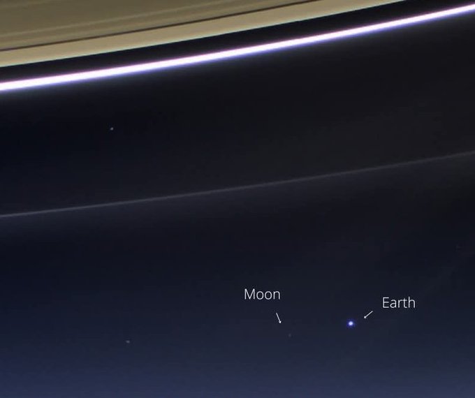 Cassini's View: Earth and Moon

Captured by the Cassini spacecraft from over 898 million miles away, this stunning image shows our home planet Earth and its Moon as tiny, distinct specks of light beyond the rings of Saturn. It's a humbling portrait that reminds us of our place in