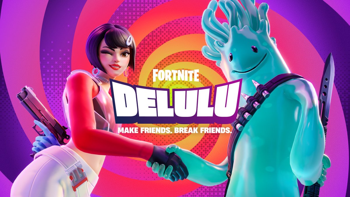 Fortnite's tweet image. This week's Fortnite Friday for qualified #EpicPartners is Delulu!
Play in content creator-only lobbies from 1 pm-3 pm ET and 7 pm-9 pm ET. Find it in the compete tab 🔥