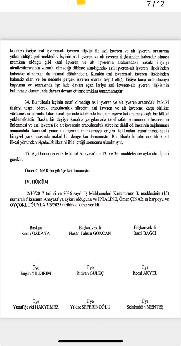 avukat_el_hp's tweet photo. İş Mahkemeleri Kanunu’nda çok önemli iptal kararı:

Bugünkü resmi gazetede yayımlanan AYM iptal kararı ile, asıl işveren alt işveren ilişkisinin bulunduğu durumlarda işe iade talebiyle yapılacak arabuluculuk başvurusunun her ikisine birlikte yöneltilmesi gerektiğine dair madde 3/15 hükmü iptal edilmiştir.
