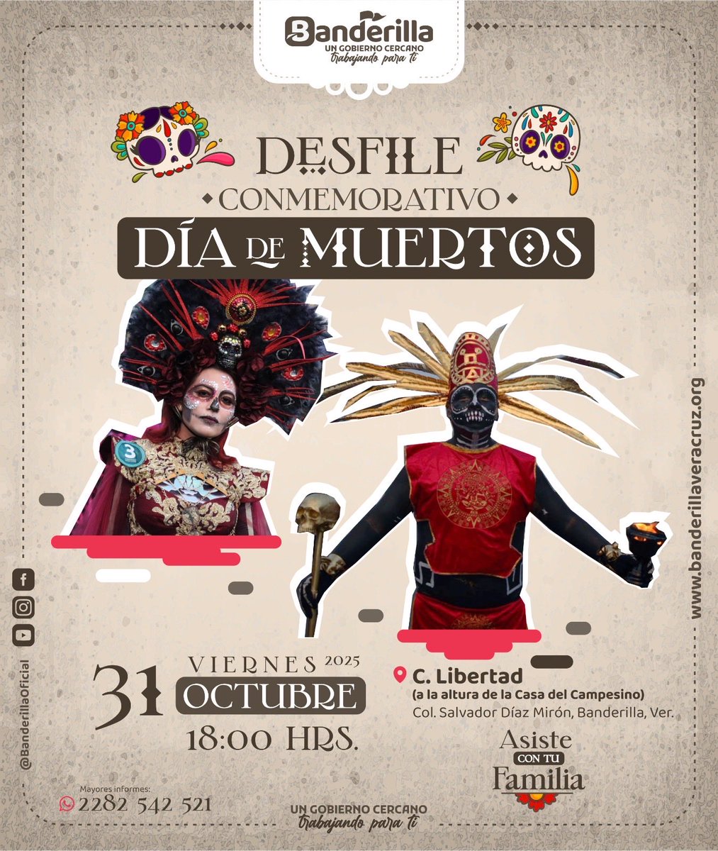 BanderillaVer's tweet photo. Te invitamos a ser parte del tradicional Desfile Conmemorativo al  #DíaDeMuertos💀✨💐🌺🕯️

Ven con la familia y amigos con sus mejores atuendos de catrina o catrín y únanse a la gran celebración que llenará de color, algarabía y tradición nuestra avenida principal. https://t.co/CXvuHkxang