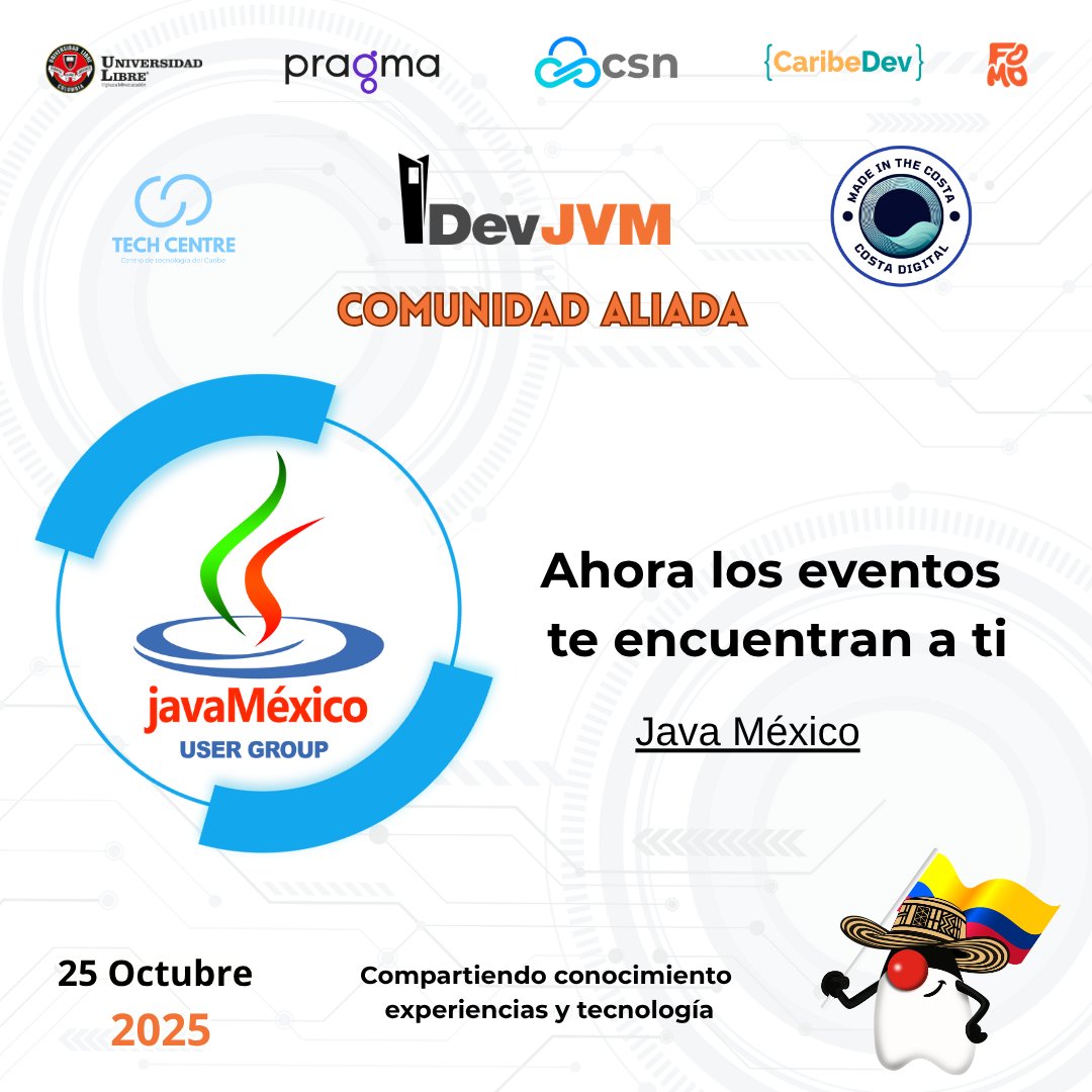 JUGBAQ's tweet image. 🚀 Comunidades Aliadas
🤝 @JugPanama 🇵🇦
🤝 @jugnicaragua 🇳🇮
🤝 @javamexico 🇲🇽
Gracias por fortalecer el ecosistema JVM en LatAm 🌎
📅 25 Oct – Barranquilla
🎟 holafomo.com
#DevJVM2025 #JVM #JavaCommunity #TechLatam