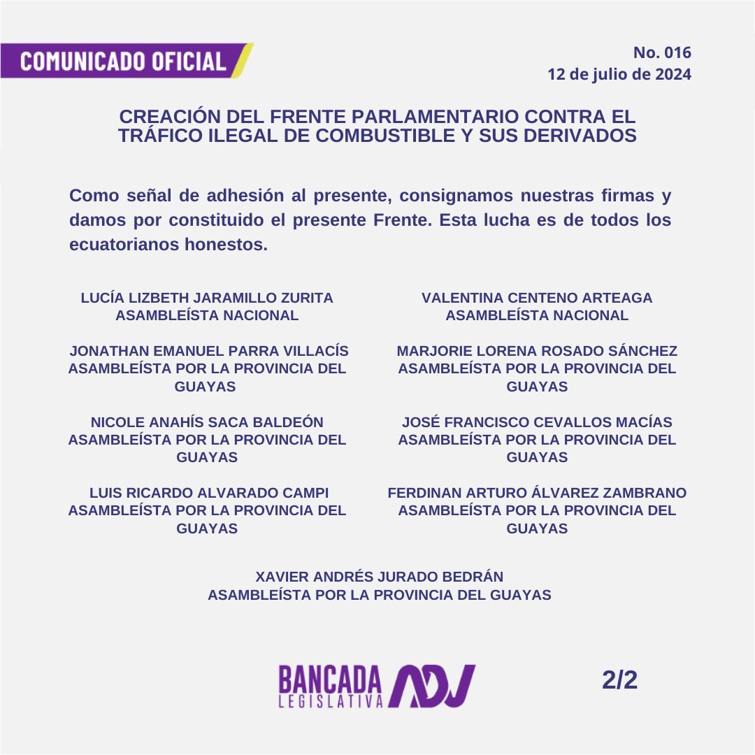 VivianaVelozEc's tweet photo. Fiscalizar no es ilegal, es nuestra obligación constitucional.

1. Como legisladores, tenemos toda la competencia y legitimidad constitucional para ejercer la fiscalización. No necesitamos autorización política ni beneplácito del oficialismo para cumplir con lo que el artículo 120 de la Constitución nos ordena. Fiscalizar no es un privilegio: es un deber y una responsabilidad con el país.

2. La creación del Frente Parlamentario no surge del capricho ni del protagonismo, sino de la necesidad de romper el cerco que impide la fiscalización dentro de las comisiones. Desde el inicio de este período legislativo, se han presentado los pedidos formales para la creación de grupos parlamentarios temáticos y han sido sistemáticamente bloqueados.

3. El rechazo del oficialismo es un trofeo democrático. Que quienes hoy controlan la Asamblea y bloquean toda forma de control político se nieguen a reconocernos, no nos ofende, nos honra.
Si incomodamos al poder, es porque hacemos bien nuestro trabajo. En tiempos donde el silencio se premia, fiscalizar es un acto de valentía democrática.

4. Memoria y coherencia, ustedes ya lo hicieron, en 2024, varios miembros de la misma bancada oficialista conformaron un grupo parlamentario para perseguir políticamente al alcalde de Guayaquil, Aquiles Álvarez. Cuando ustedes lo hacen, es “legal”. Pero cuando lo hacemos nosotros para proteger a la ciudadanía resulta que es “ilegal”.
El doble rasero no construye institucionalidad, la destruye.
