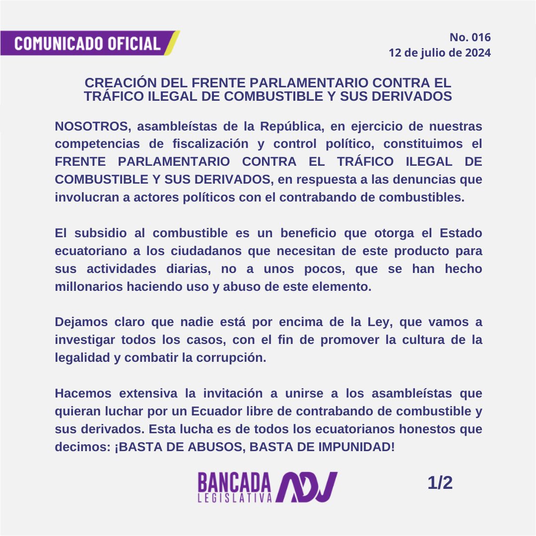 VivianaVelozEc's tweet photo. Fiscalizar no es ilegal, es nuestra obligación constitucional.

1. Como legisladores, tenemos toda la competencia y legitimidad constitucional para ejercer la fiscalización. No necesitamos autorización política ni beneplácito del oficialismo para cumplir con lo que el artículo 120 de la Constitución nos ordena. Fiscalizar no es un privilegio: es un deber y una responsabilidad con el país.

2. La creación del Frente Parlamentario no surge del capricho ni del protagonismo, sino de la necesidad de romper el cerco que impide la fiscalización dentro de las comisiones. Desde el inicio de este período legislativo, se han presentado los pedidos formales para la creación de grupos parlamentarios temáticos y han sido sistemáticamente bloqueados.

3. El rechazo del oficialismo es un trofeo democrático. Que quienes hoy controlan la Asamblea y bloquean toda forma de control político se nieguen a reconocernos, no nos ofende, nos honra.
Si incomodamos al poder, es porque hacemos bien nuestro trabajo. En tiempos donde el silencio se premia, fiscalizar es un acto de valentía democrática.

4. Memoria y coherencia, ustedes ya lo hicieron, en 2024, varios miembros de la misma bancada oficialista conformaron un grupo parlamentario para perseguir políticamente al alcalde de Guayaquil, Aquiles Álvarez. Cuando ustedes lo hacen, es “legal”. Pero cuando lo hacemos nosotros para proteger a la ciudadanía resulta que es “ilegal”.
El doble rasero no construye institucionalidad, la destruye.