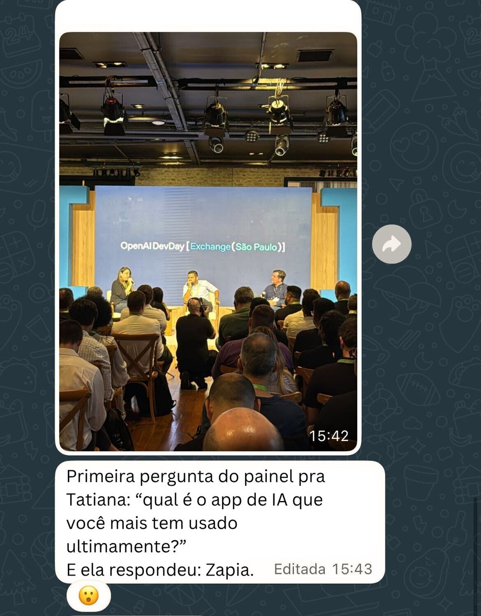ZapiaBrasil's tweet image. Uma amiga nossa está no #OpenAI #DevDay e acabou de mandar essa mensagem.
Sinceramente, a gente não sabe por que ela ficou surpresa...