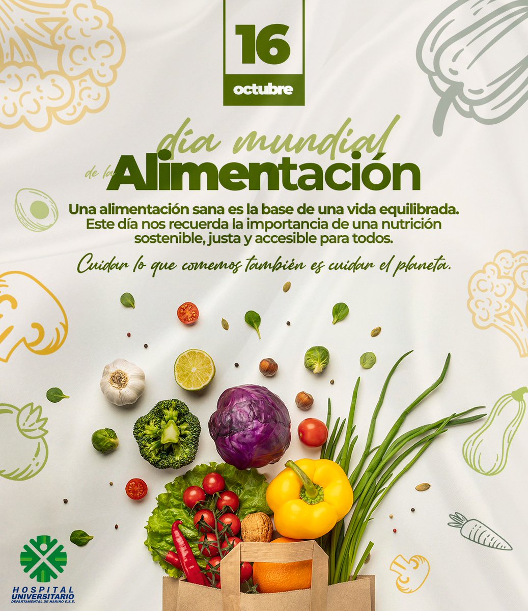 #16deOctubre En el Hospital Universitario Departamental de Nariño, promovemos hábitos que fortalecen el cuerpo y previenen enfermedades.
🍎 Alimentarse bien es cuidar de ti y de los tuyos.
#diamundialdelaalimentacion #SaludYBienestar #PrevenciónEsVida