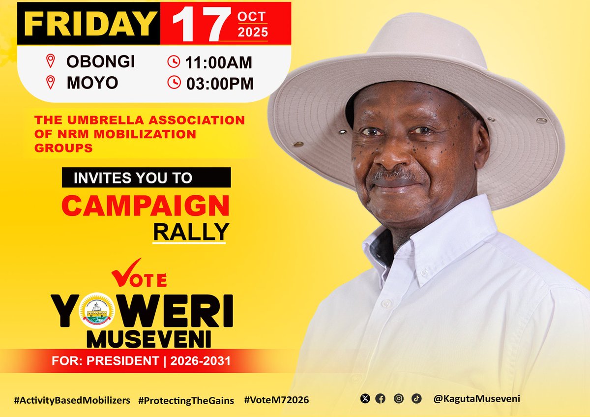 Tomorrow, President Yoweri Museveni <a href="/KagutaMuseveni/">Yoweri K Museveni</a> in Obongi and Moyo. Let’s turn up in big numbers! 🇺🇬
#ProtectingTheGains #VoteM72026 #ActivityBasedMobilizers | The Umbrella Association of NRM Mobilization Groups