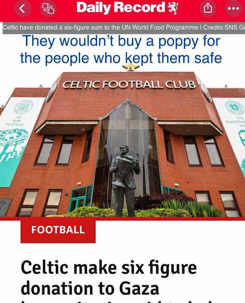 The same club that refuse to respect our war dead every year. The same club that allowed two of their own Israeli Jewish players to be hounded out of the club.

Here they are, seeking publicity in making a six figure donation towards Gaza.

They truly are a warped Institution